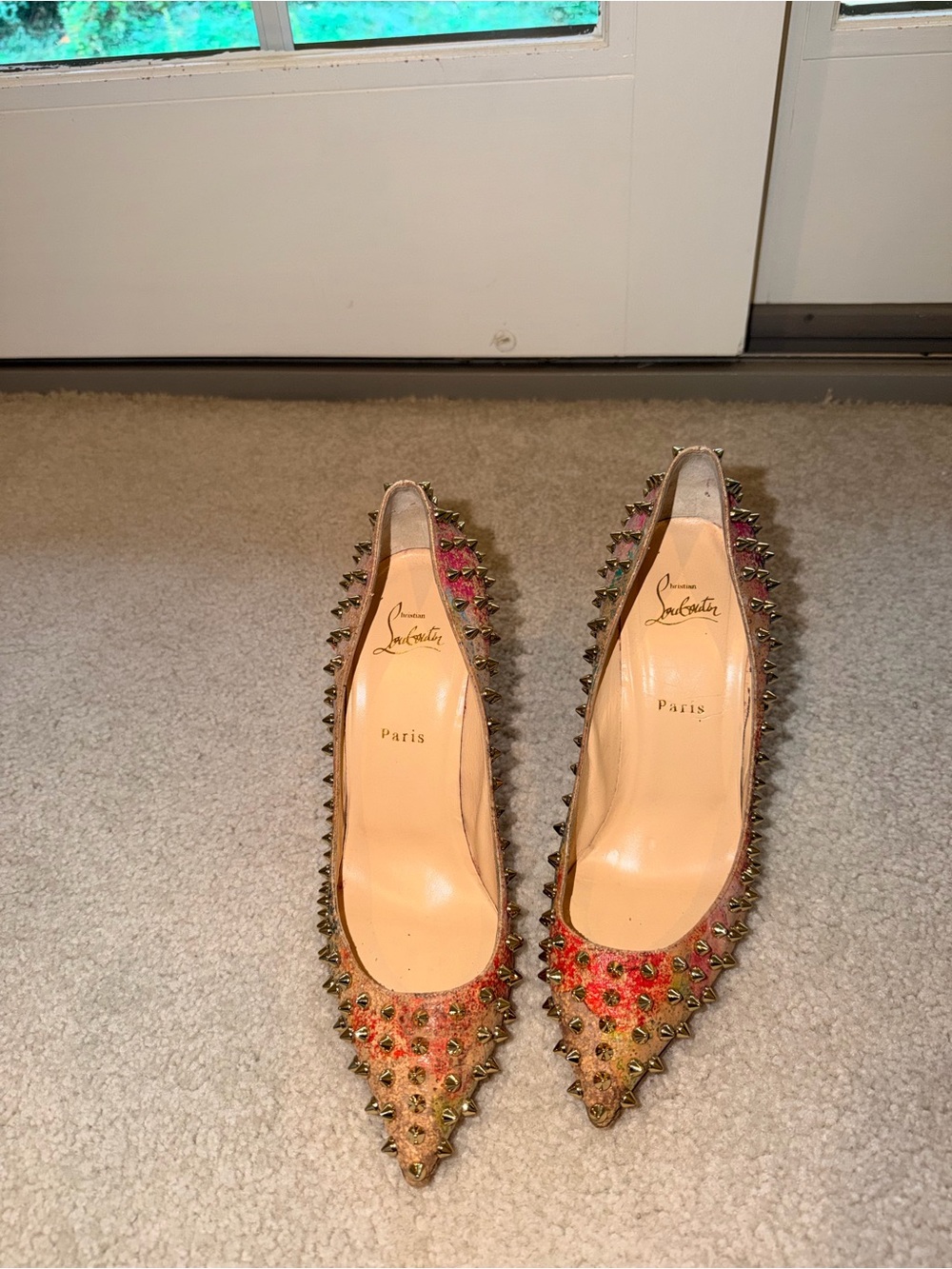 Christian Louboutin Pink Floral Spike-Embellished Pointed Pumps